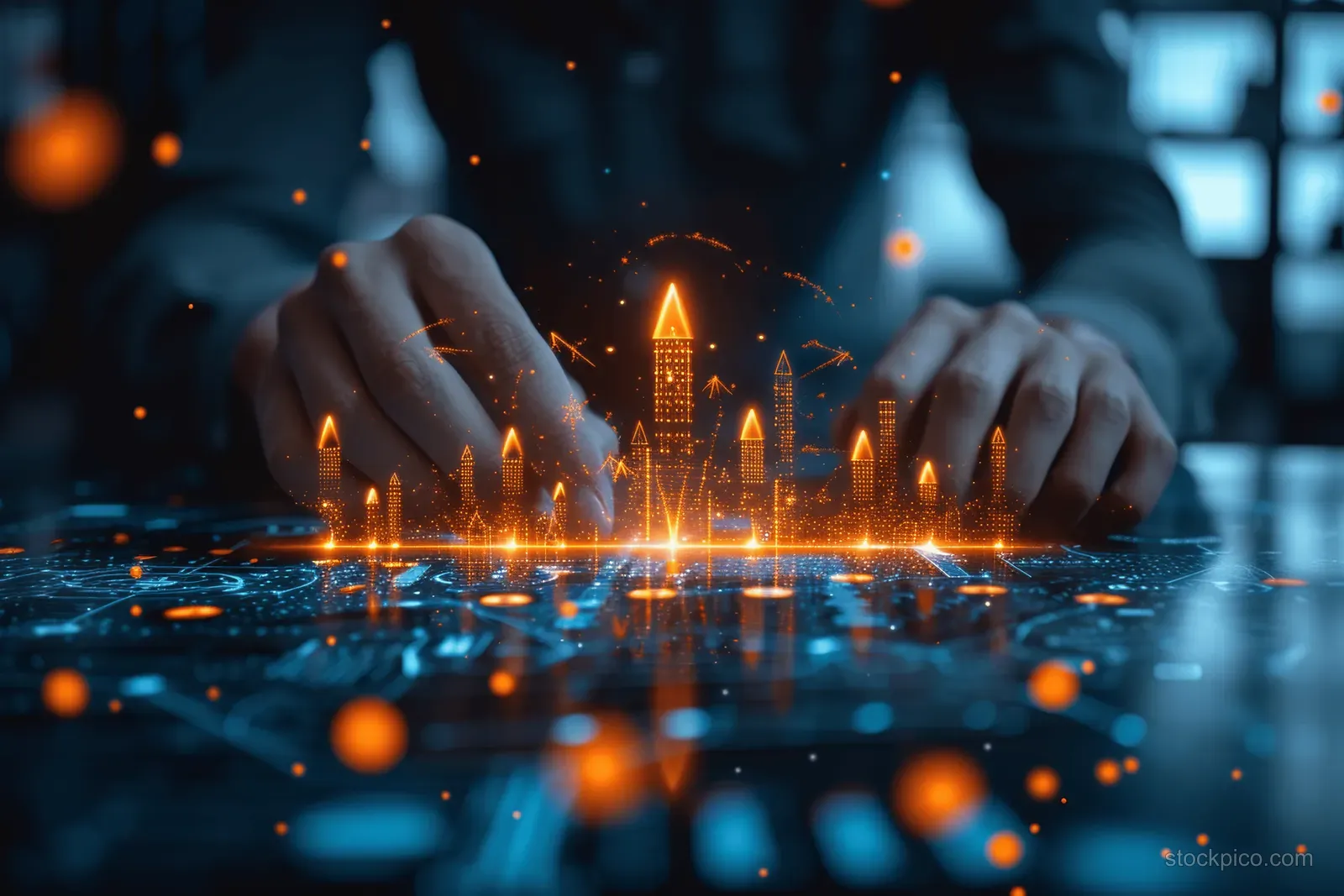 Hands assemble a glowing miniature city surrounded by floating coin and loan-like finance symbols.