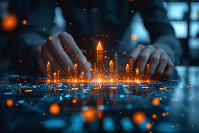 Hands assemble a glowing miniature city surrounded by floating coin and loan-like finance symbols.