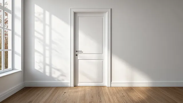 A closed white door on a plain wall with sunlit shadows and a wooden floor in a minimalist room.