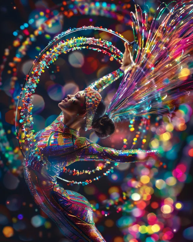 Rhythmic gymnast rotates with a hoop amid sparkling multicolor bokeh lights and motion trails.