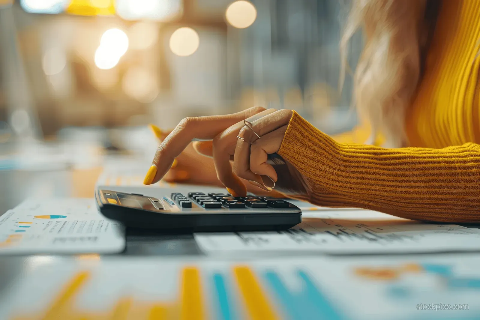 Businesswoman hand uses a calculator on a desk with financial reports and charts in view.