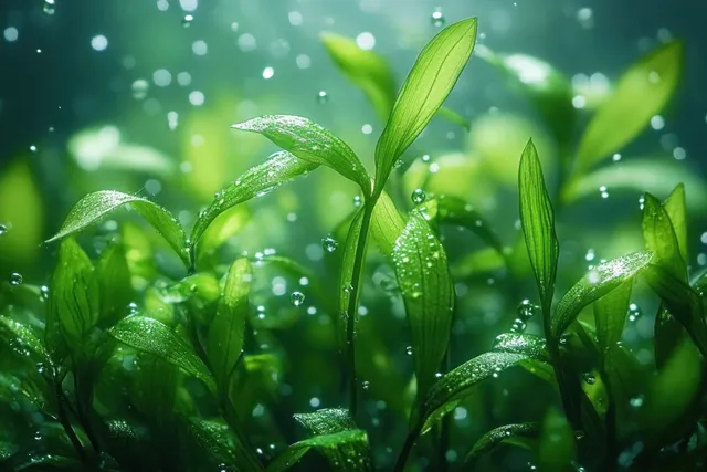 Fresh green aquatic plants underwater with sunlit rays and rising air bubbles
