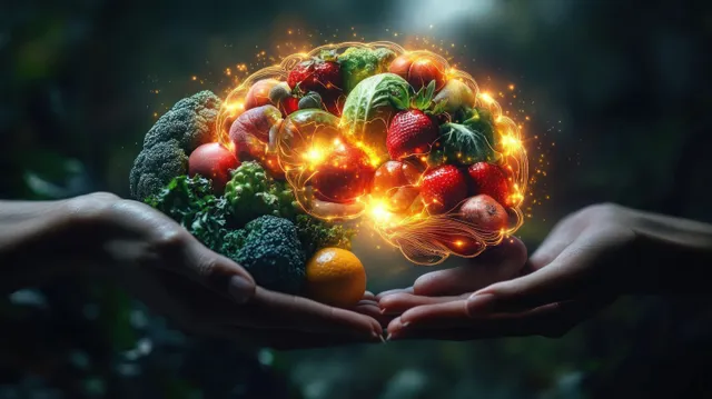 Hands cradle a glowing fruit and vegetable brain cluster with vibrant nutrition light