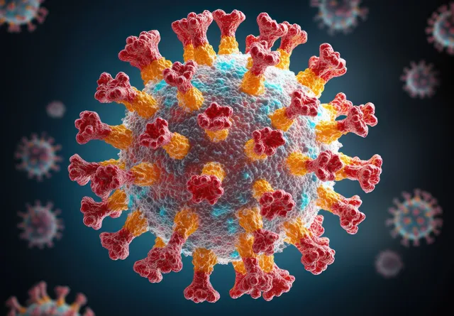 A central 3D coronavirus-like virus cell with glowing spikes floats amid blurred particles in a dark background.