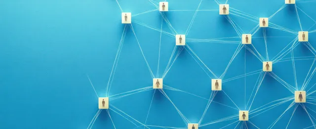 People connected by digital network nodes over blue cyberspace background