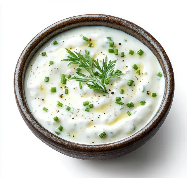 Creamy white yogurt dip in a bowl topped with chopped chives, dill, black pepper, and olive oil on a white background.