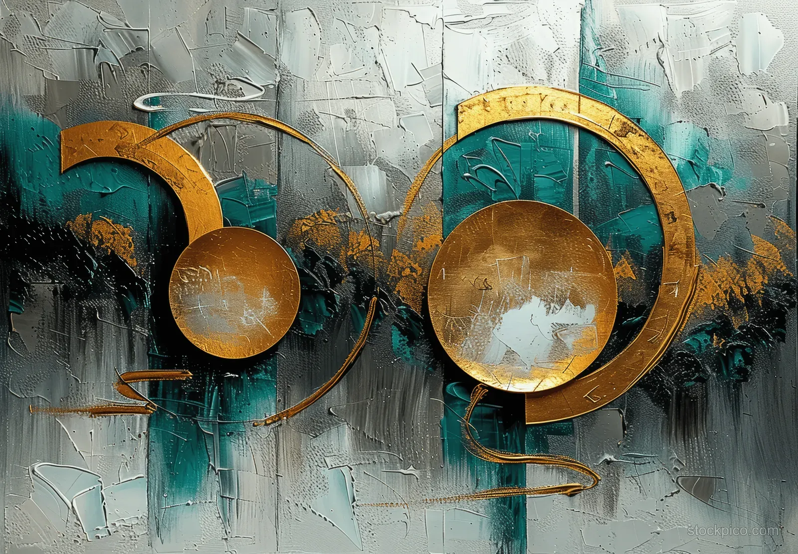 Gold and teal circular elements float over a white-gray cracked paint texture with gritty brush strokes.