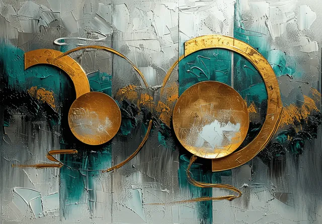 Abstract circles in gold and teal over gray cracked texture with layered brush strokes