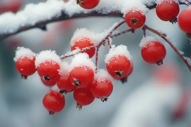 Red winter berries on thin branches, dusted with fresh snow and frost close-up