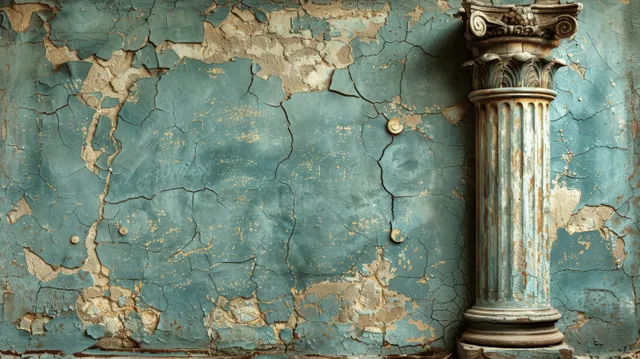 Weathered ancient Greek column against cracked turquoise plaster wall