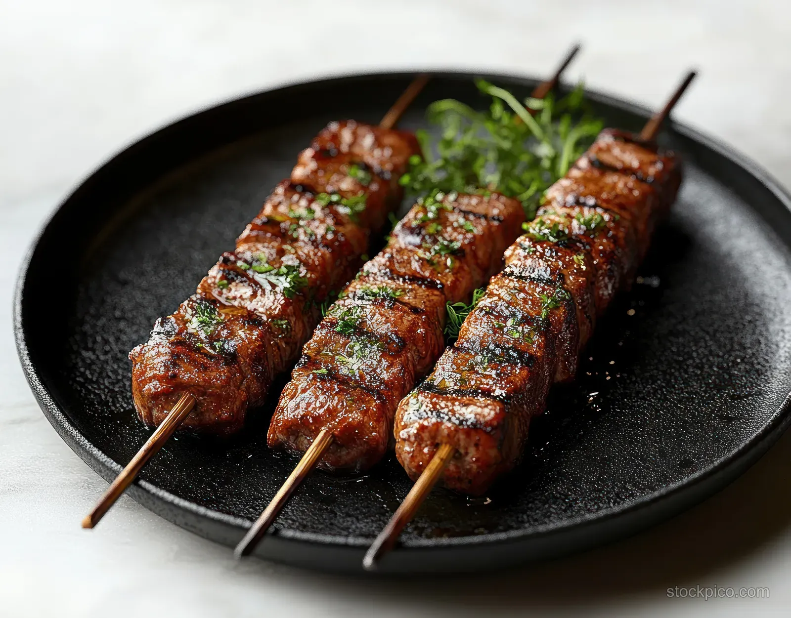 Three grilled meat cube skewers on a black plate, garnished with herbs and showing charred edges.