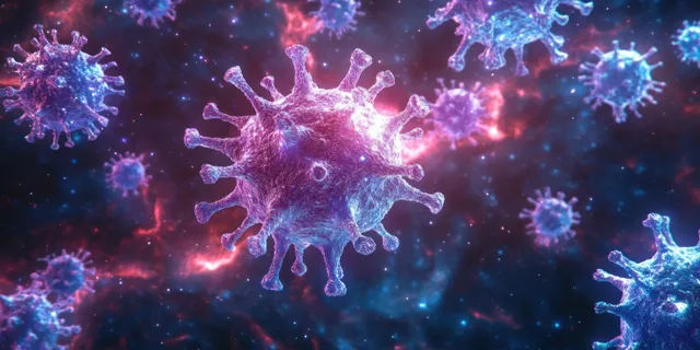 Close-up 3D virus particles with spike proteins glow in dark blue and pink space.