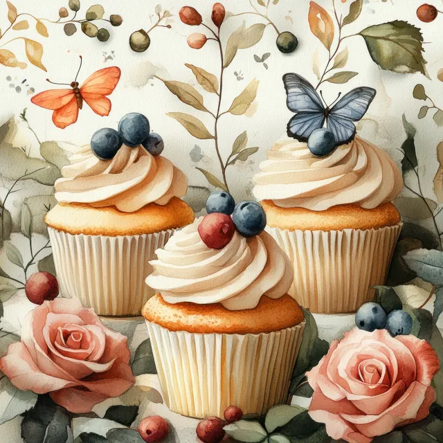 Watercolor cupcakes with rose blossoms, blue butterflies, and berries arranged on a cream patterned background.