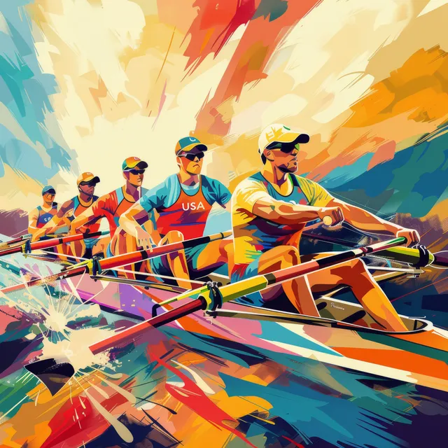 Stylized Team USA rowing four in a bright racing scene, pulling on oars through splashing water.