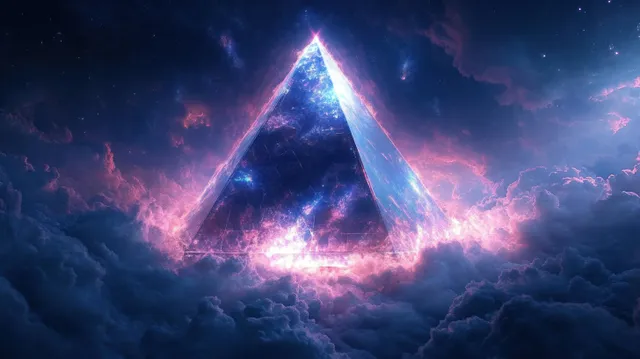 A glowing transparent pyramid floats above dense clouds in a starry purple and pink cosmic sky.