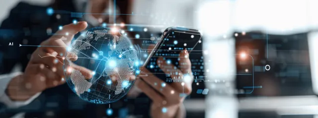 A businesswoman holds a smartphone as glowing AI network nodes and data connections appear around it in an office.