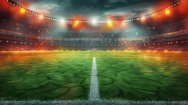Neon-lit soccer stadium at night with Germany flag centered over a glowing green pitch