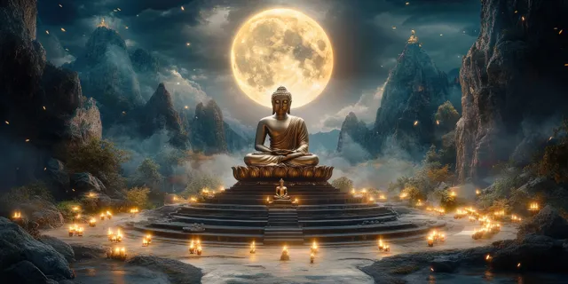 Golden Buddha statue seated on lotus pedestal with glowing candles under full moon