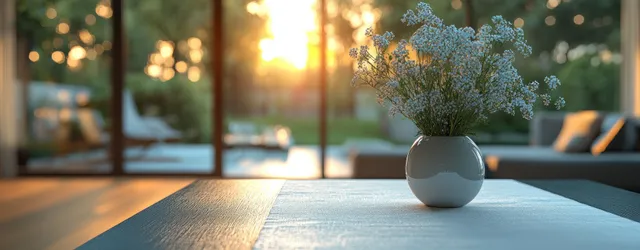 Sunlit dining table with a white runner and a small vase of pale blue flowers against a bright window background.
