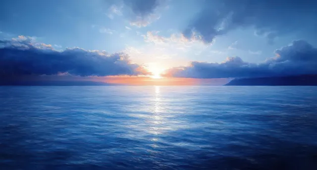 Sunrise beams illuminate calm ocean water with a glowing reflection and soft pastel clouds across the horizon.