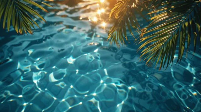 Sunlit blue pool water with palm leaf shadows and sparkling ripples in tropical vacation light