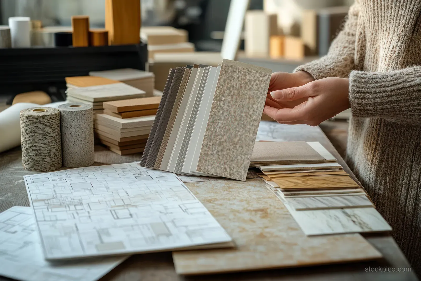 Hand reaches for a tile sample on a table next to architectural blueprints, swatches, and material rolls.