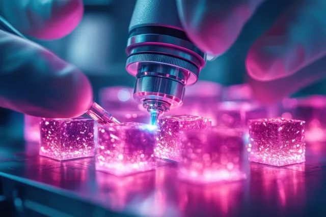 A gloved hand uses a precision laser to work on glowing pink translucent cubic samples in a lab.