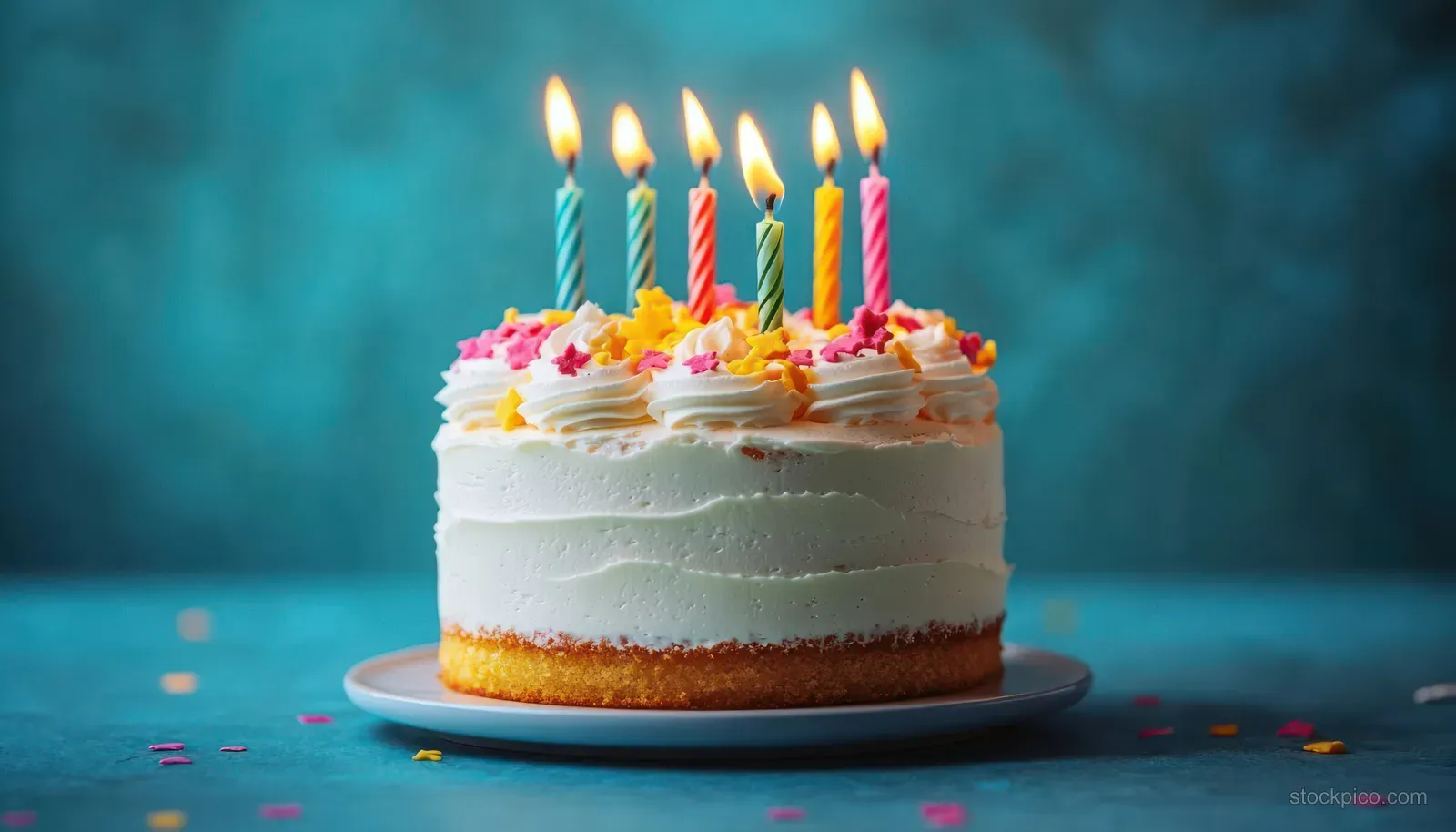 White frosted birthday cake on a blue plate with colorful lit candles and pink and yellow icing flowers on a teal bokeh background.