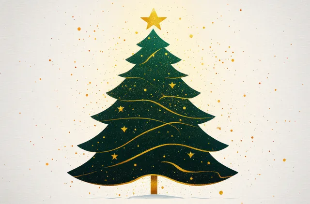 Dark green Christmas tree with golden star and garlands, surrounded by small gold sparkles on a light textured background.