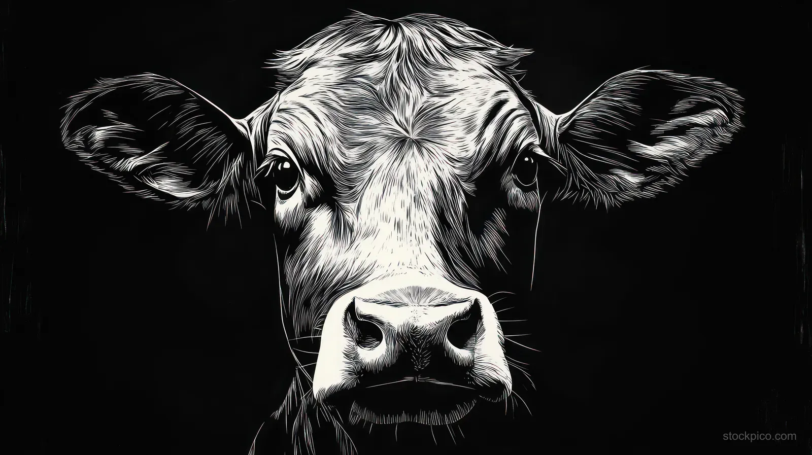 Close-up black and white cow face illustration with textured fur and expressive eyes on a dark background.