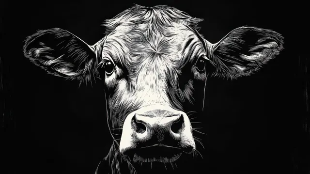 Close-up black and white cow face illustration with textured fur and expressive eyes on a dark background.