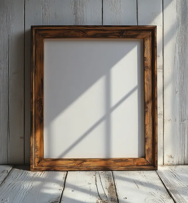 Rustic wooden frame with an empty blank canvas against a whitewashed wall, with sunlight shadows on the floor.