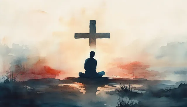 A kneeling man prays before a cross at sunrise with soft pastel clouds and glowing light behind it.