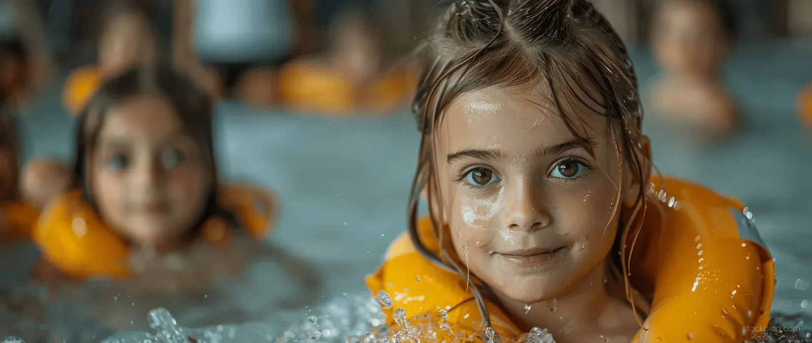 Smiling child in an orange life jacket splashes in an indoor swimming pool while others swim behind.