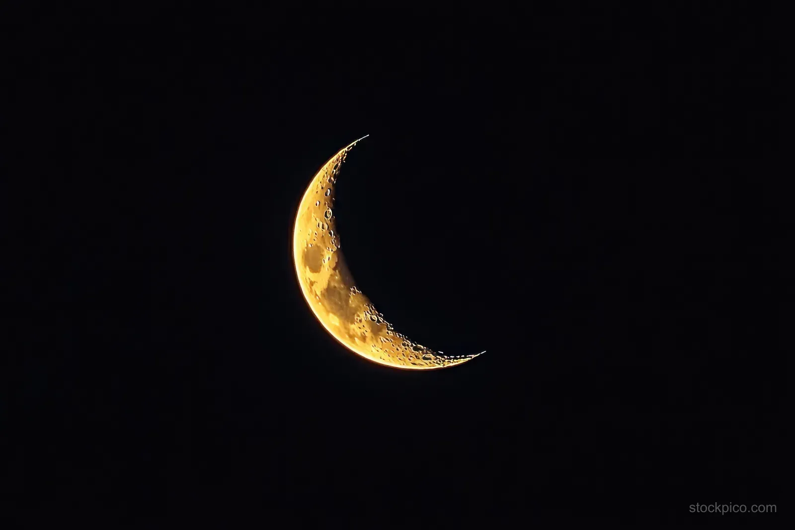 A glowing crescent moon with visible crater textures hangs in a pitch-black night sky.