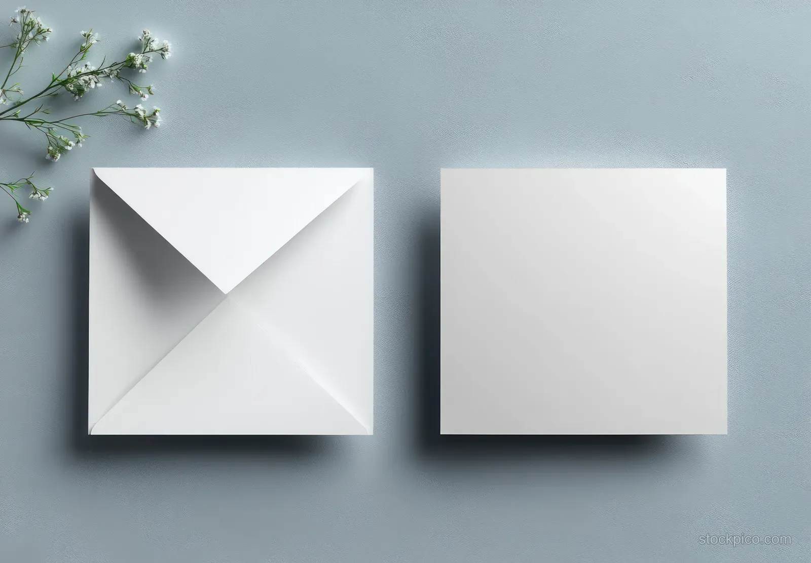 White bi-fold invitation and envelope mockup on a gray background with soft shadows and small leaves.