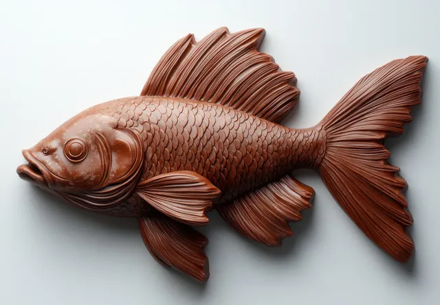 Stylized chocolate fish illustration with dramatic lighting and sharp shadows on a minimalist white background.