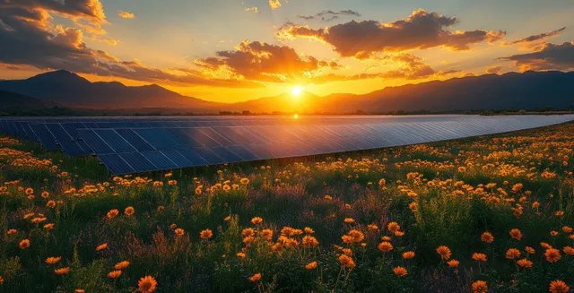 Solar panels in a desert field at sunset with golden sunlight over wildflowers and distant hills.