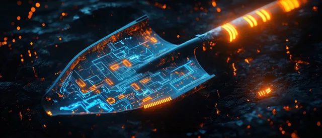 Cyberpunk data mining shovel tracing glowing circuits across a dark neon digital field
