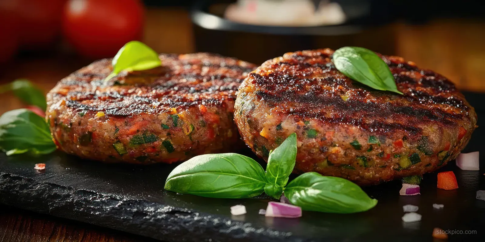 Two grilled vegan veggie patties sit on a dark slate surface with basil leaves scattered around.