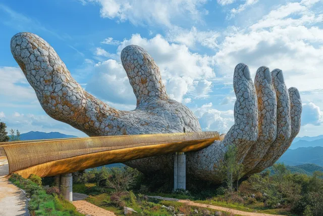 Cracked stone giant hand sculpture holds a gold bridge as green hills and blue clouds fill the background.