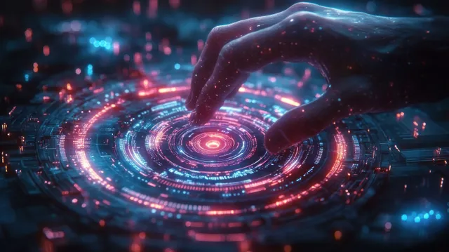 Human hand hovers over a glowing neon holographic interface with circular data rings.