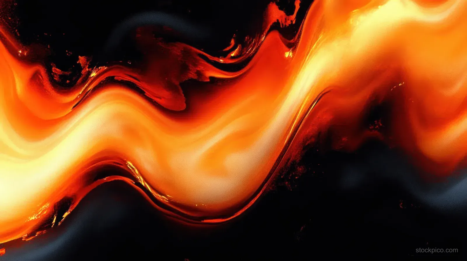 Orange and black abstract liquid waves swirl across a dark gradient background with glossy highlights.