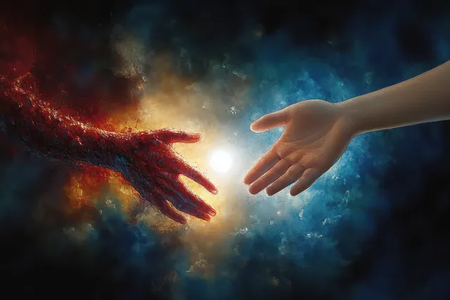 Two hands reach toward each other across a cosmic haze with a glowing center