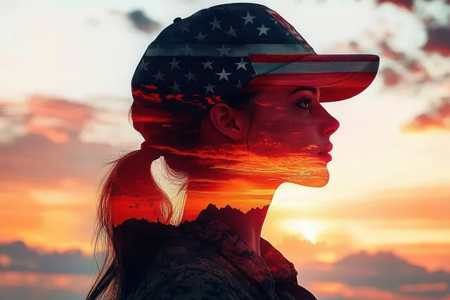 Young woman in an American flag cap with sunset mountains double-exposed in her silhouette