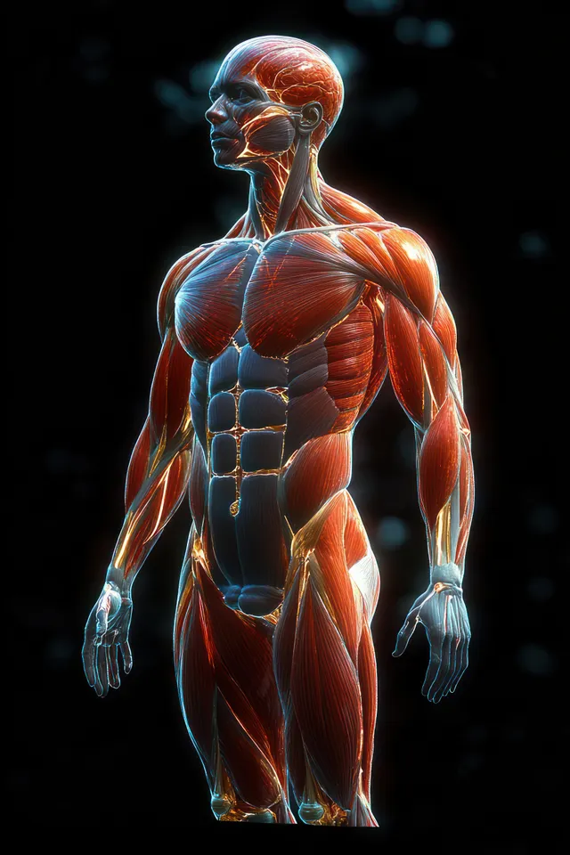 A backlit 3D figure shows glowing anterior muscles of the human torso and arms against a dark background.
