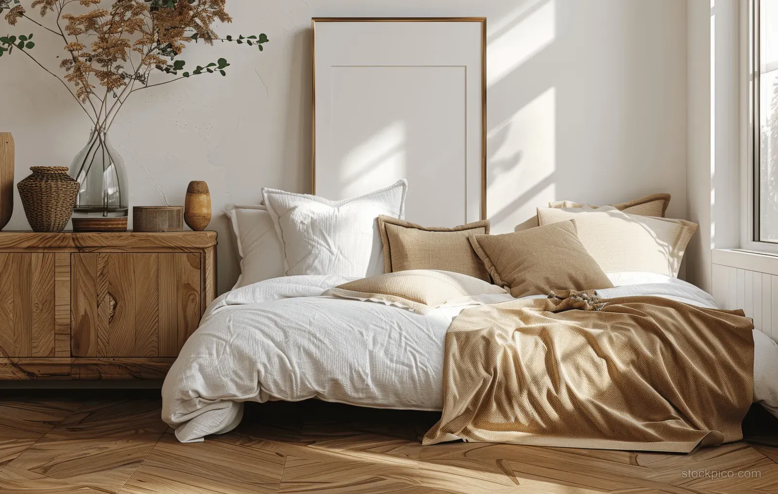 Sunlit coastal boho bedroom showing a made bed, wooden parquet floor, white walls, and a framed poster.