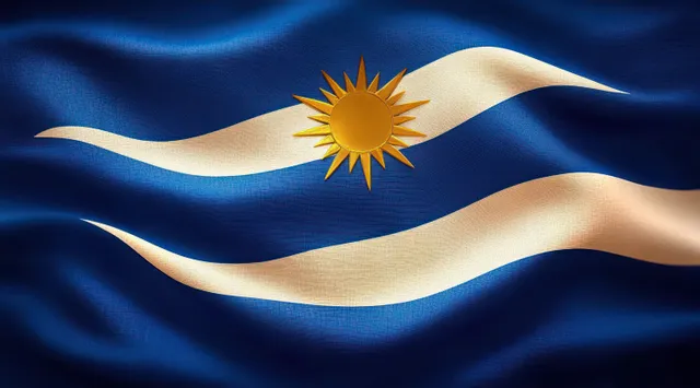 Waving blue and white striped flag with golden sun emblem under soft light
