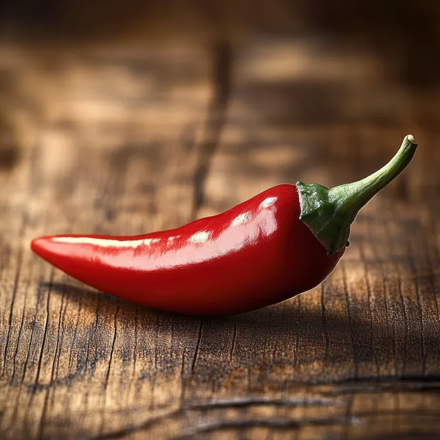 Shiny red chili pepper with green stem resting on rustic wooden table close-up