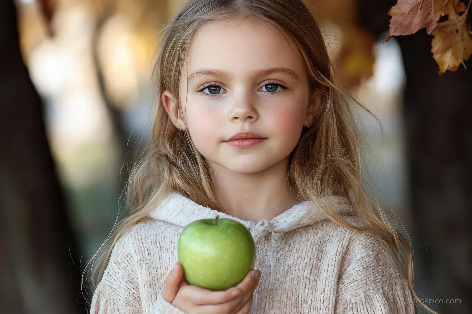 A young person wearing a light beige hoodie holds a green apple with autumn leaves in the background.